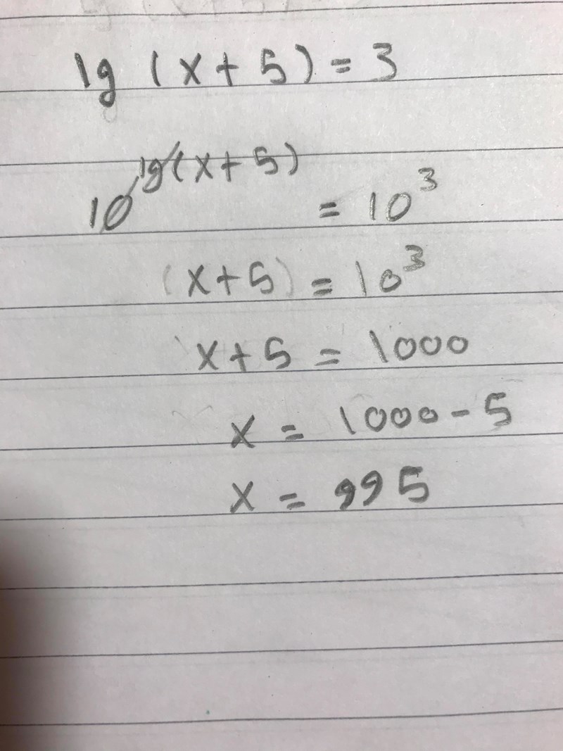 lg(x+5)=3 (Matematik/Matte 3/Naturliga logaritmer) – Pluggakuten