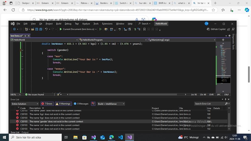 Beräkna BMI i C#. Fel när programmet körs (Programmering/C#) – Pluggakuten