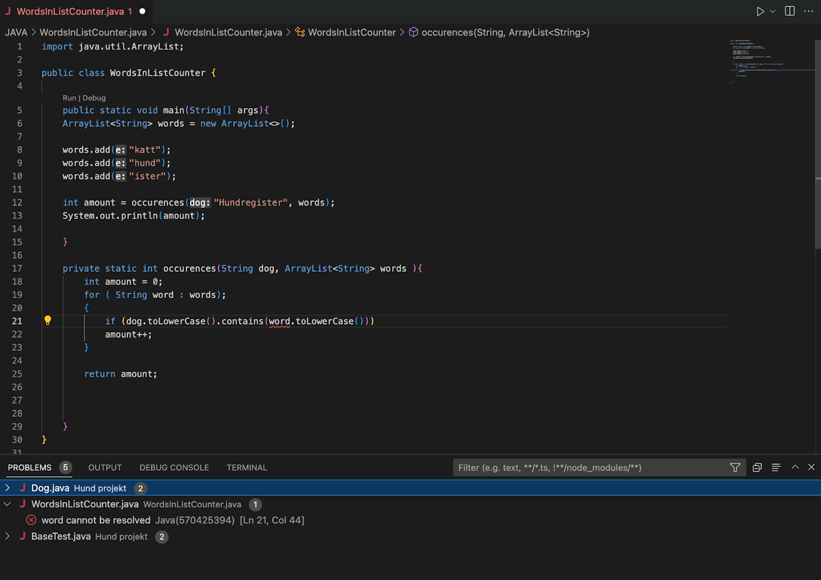 Metod som räknar antal gånger ett ord och delsträngar framkommer i en ...